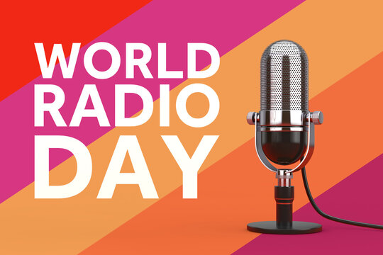 World Radio Day Concept. Vintage Radio Station Microphone with Radio Day Sign. 3d Rendering
