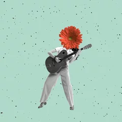 Deurstickers Contemporary art collage. Young stylish woman with flower head playing guitar isolated over blue background © Lustre