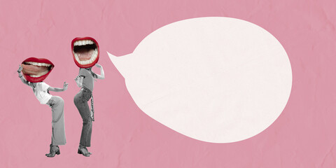 Contemporary art collage. Two girls with mouth heads talking gossips isolated over pink background