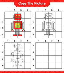 Copy the picture, copy the picture of Robot Character using grid lines. Educational children game, printable worksheet, vector illustration