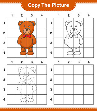 Copy the picture, copy the picture of Teddy Bear using grid lines. Educational children game, printable worksheet, vector illustration