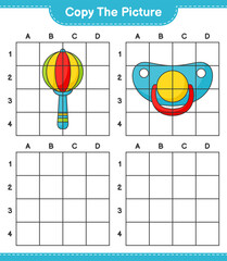 Copy the picture, copy the picture of Baby Rattle and Pacifier using grid lines. Educational children game, printable worksheet, vector illustration