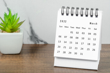 March 2022 desk calendar with plant pot on wooden table.