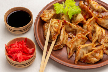 Gyoza dumplings and chopsticks on ceramic plate.