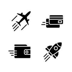 Flying transport black glyph icons set on white space. Digital payment. Money transfer. Launch rocket. Dynamic movement. Silhouette symbols. Solid pictogram pack. Vector isolated illustration