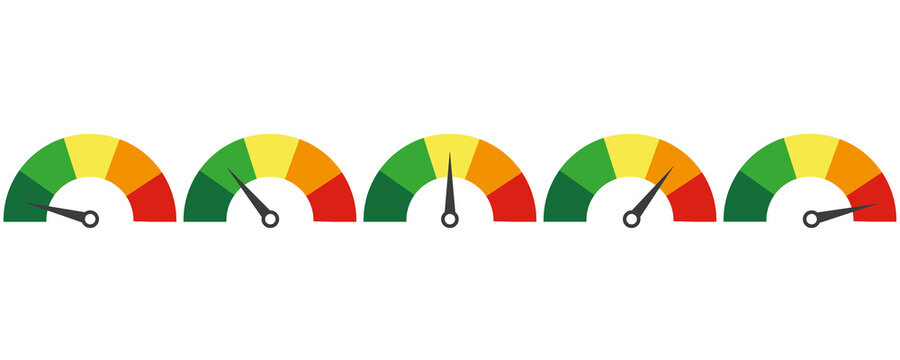 A set of five barometers of different quality or level. Colorful speedometer. Vector illustration