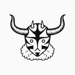 demon head with horns illustration. line art style. black and white. suitable for logo, mascot, symbol, coloring and t-shirt design