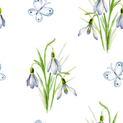 Snowdrop. Watercolor. Seamless pattern. Hand-painted