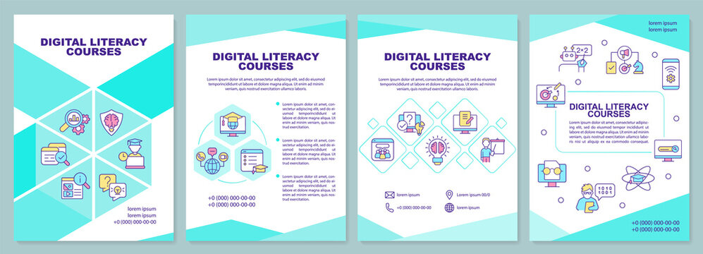 Digital literacy courses brochure template. Computer skills. Leaflet design with linear icons. 4 vector layouts for presentation, annual reports. Arial-Black, Myriad Pro-Regular fonts used