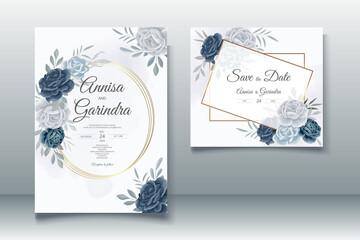 Beautiful grey blue floral frame wedding invitation card template Premium Vector