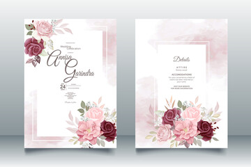 Elegant wedding invitation card with beautiful maroon floral and leaves template Premium Vector