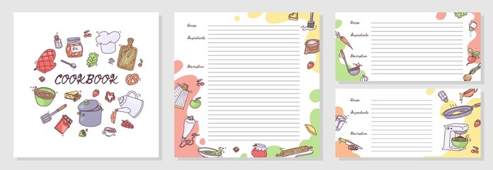 Recipe book cover and sheets template with space for ingredients and description, doodle vector illustration.