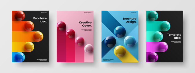 Unique book cover A4 design vector template bundle. Bright realistic balls presentation illustration composition.