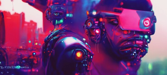 A cyborg with a glowing face-screen looks directly into the background of a blurred cyberpunk urban landscape. Futuristic 3D illustration