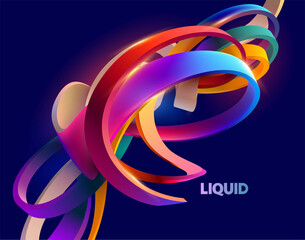 Liquid 3D geometric shapes. Colorful curved rings on dark blue background.