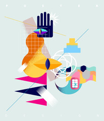 Abstract art geometrical painting. Memphis and Bauhaus style designs. Geometric shapes, minimalistic icons, trendy composition.