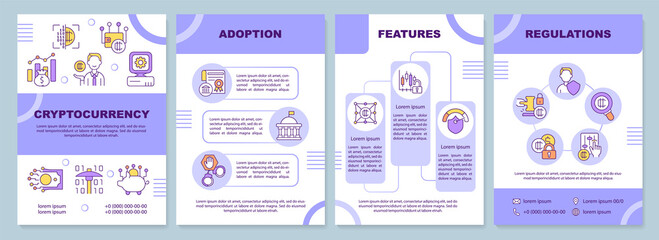 Cryptocurrency purple brochure template. Adoption and features. Leaflet design with linear icons. 4 vector layouts for presentation, annual reports. Arial-Black, Myriad Pro-Regular fonts used