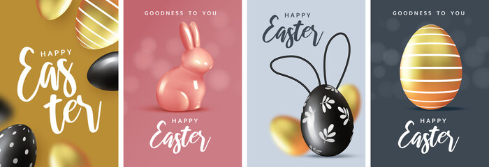 Easter Set of greeting posters, holiday covers, cards, flyers design.Modern minimal design  with eggs and  rabbits for social media, sale, advertisement, web.