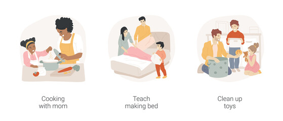 Household maintenance skills for kids isolated cartoon vector illustration set. Cooking with mom, teach making bed, clean up toys, homebased daycare, home education, kitchen help vector cartoon.