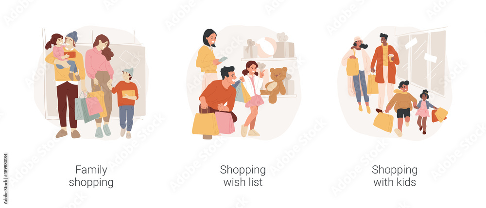 Wall mural Family shopping time isolated cartoon vector illustration set. Family shopping, wish list, make purchases with kids, shopping center, buying gifts, happy customers, shopaholic vector cartoon. - Wall murals