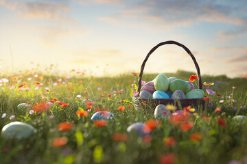 Easter Eggs Basket in a flowerfield - 489880171