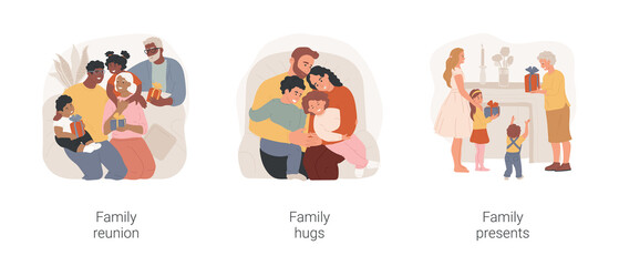 Family gathering isolated cartoon vector illustration set. Family reunion, relatives sit together in living room, giving hugs to each other, generations gathering, giving presents vector cartoon.