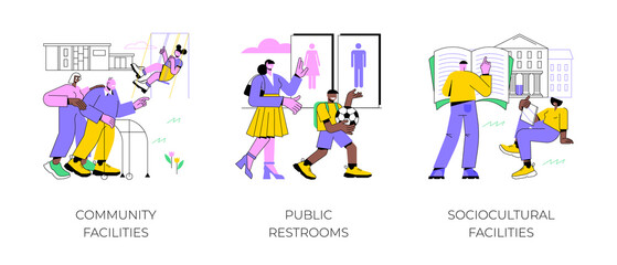 Public places abstract concept vector illustration set. Community facilities, public restrooms, sociocultural infrastructure, cleaning and hygiene, health centre, school building abstract metaphor.