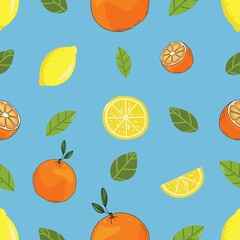 vector seamless pattern with oranges and lemons, whole, cut in halves and slices on blue background