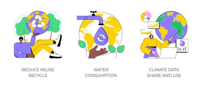 Save the planet abstract concept vector illustration set. Reduce Reuse Recycle, water consumption, climate data share and use, upcycling program, weather forecast, overconsumption abstract metaphor.
