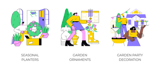 Garden accessories abstract concept vector illustration set. Seasonal planters, garden ornaments, party decoration, planting flowers, backyard lighting, dining space, front door abstract metaphor.