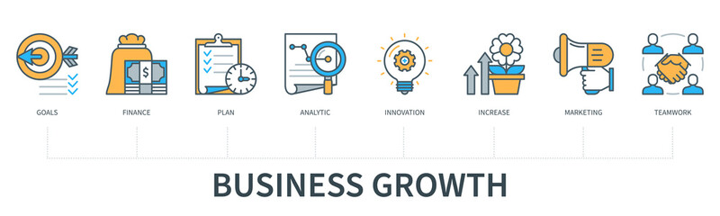 Business growth concept with icons. Goals, finance, plan, analytics, innovation, increase, marketing, teamwork. Web vector infographic in minimal flat line style