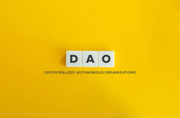 Decentralized Autonomous Organizations (DAO) Banner. Letter Tiles on Yellow Background. Minimal Aesthetics. - obrazy, fototapety, plakaty