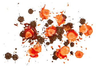 Wet mud and drops blood, stains texture isolated on white, top view and clipping path