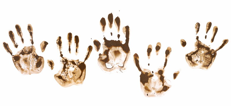 Set hand print in wet mud isolated on white with clipping path