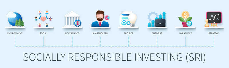 Socially responsible investing SRI banner with icons. Environment, social, governance, shareholder, project, business, investment, strategy. Business concept. Web vector infographic in 3D style