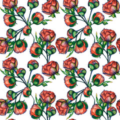 seamless pattern red watercolor peonies. Red flowers. Hand drawn flowers. red flowers with green leaves on a white isolated background.