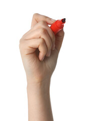 Woman holding red marker on white background, closeup