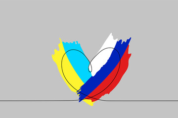 Fototapeta premium one line Heart with brush strokes - the color of the flag of Ukraine and Russia. The concept of Support and love between Ukraine and Russia, fraternal ties between the Slavic peoples
