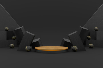 wooden and marble circle podium on black background. concept scene stage showcase for new product, promotion sale, banner, presentation, cosmetic. with copy space - 3D illustration