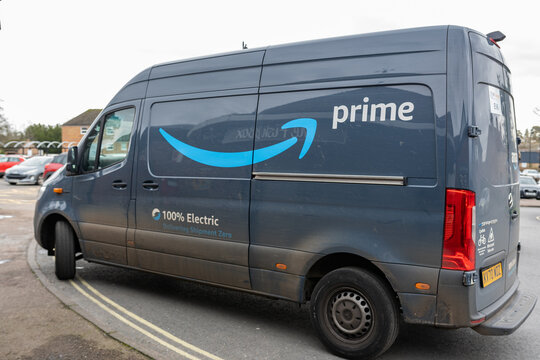 Woodbridge Suffolk UK February 22 2022: The New Fleet Of Electric Delivery Vans For The Global American Online Retailer Amazon