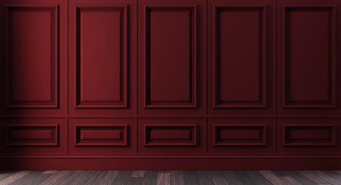 Classic Luxury Dark Red Empty Interior With Wall Molding Panels