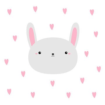 Bunny rabbit hare round face icon. Happy Easter. Cute kawaii funny animal. Cartoon funny baby character. Kids print for poster, t-shirt cloth. Pink heart. Love card. Flat design. White background.