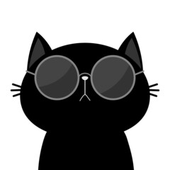 Cat wearing sunglasses eyeglasses. Black lenses. Cute cartoon funny character. Kitten kitty in eyeglasses. Sticker print. Fashion animal. White background. Isolated. Flat design