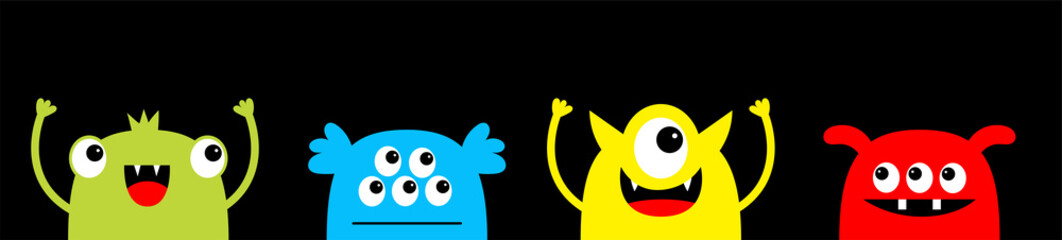 Happy Halloween. Monster head face icon set line. Cute kawaii cartoon colorful scary character. Funny baby collection. Eyes, horns, tongue, fang teeth, hands up. Flat design. Black background