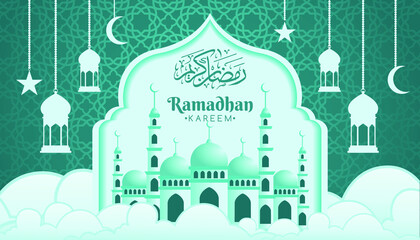 ramadan background with mosque, lanterns and clouds