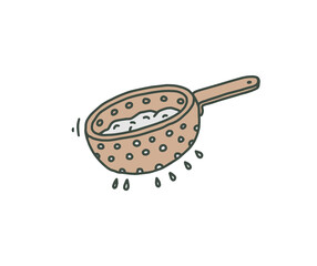 Kitchen mesh sieve device hand drawn doodle style vector illustration isolated.
