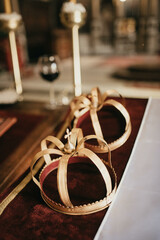 Pair of golden crowns n the church. Orthodox religious crowns.
