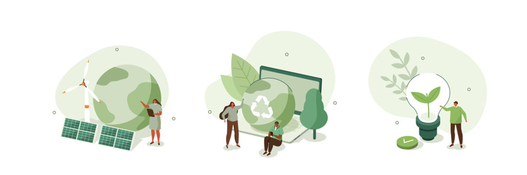 Sustainability illustration set. ESG, green energy, sustainable industry with windmills and solar energy panels. Environmental, Social, and Corporate Governance concept. Vector illustration.