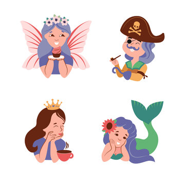 Set of hand-drawn Fairytale vector illustrations. The collection of kids cartoon characters
