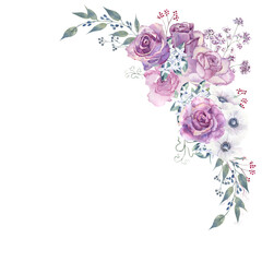Flower bouquets with purple roses and anemones on a white isolated background. Hand-drawn watercolor illustration - obrazy, fototapety, plakaty